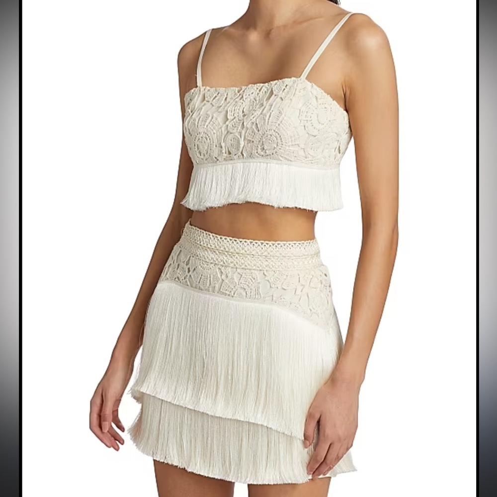 PatBO Cream Crochet Fringe Crop Top and Skirt Set NWT Size 10/M/L